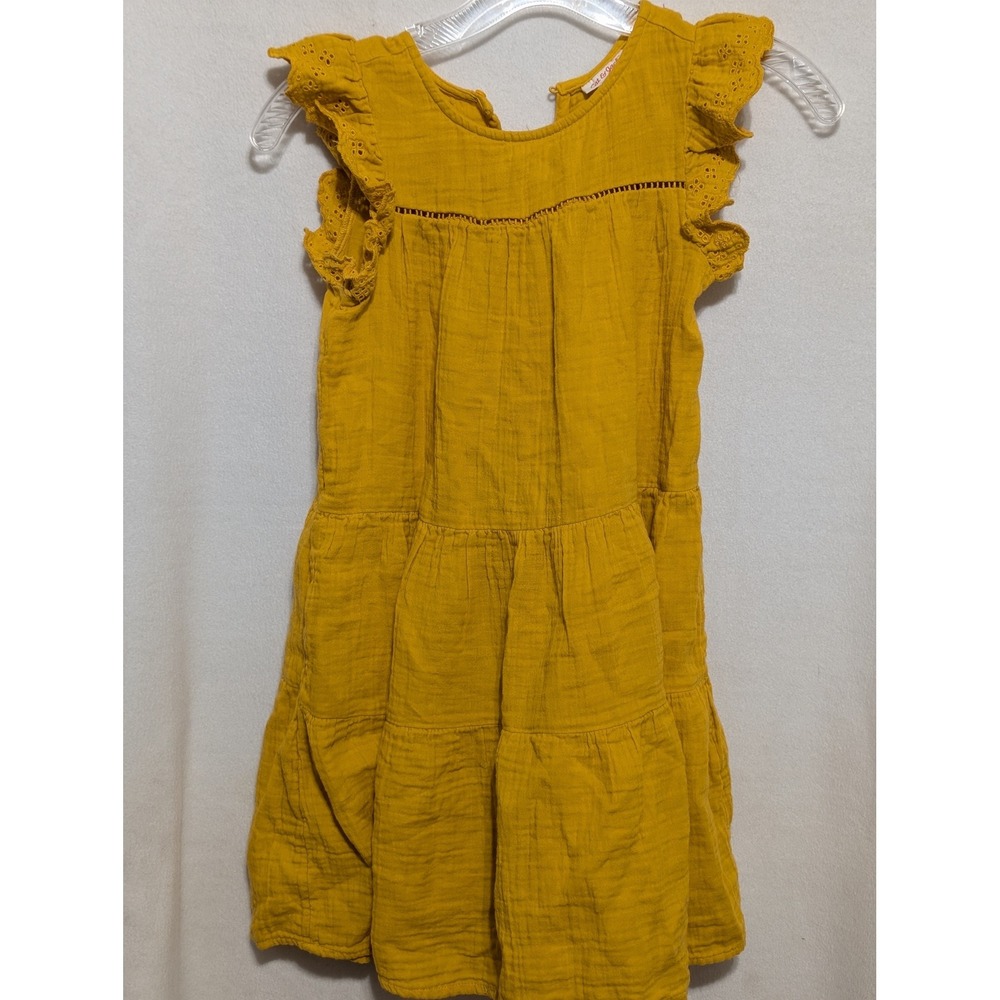 Cat & Jack Girls Mustard Yellow Gauze Flutter Sleeve Tiered Dress Size M 7/8